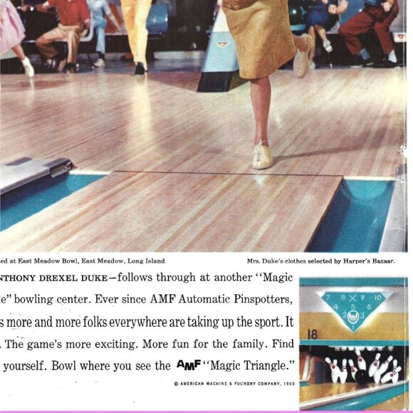 Vintage 1958 AMF Magic Triangle Bowling Ad Print Anthony Drexel Duke Print 9 in - Picture 2 of 2